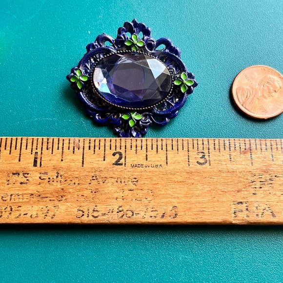 Victorian Blue Stone & Floral Brooch - Blue Rhinestone Flower Pin - Valentine - Picture 3 of 8